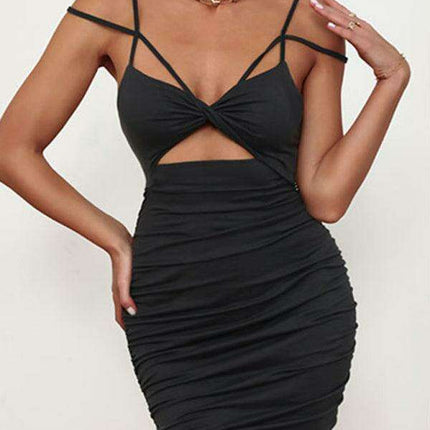 Chic Pleated Suspender Mini Dress - Elegant Black and White Design - Très Elite