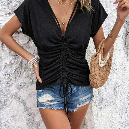 Chic Pleated V-neck Blouse - Women's Stylish Top