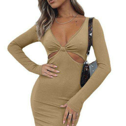 Chic Plunge Neck Long Sleeve Bodycon Dress with Cutout Accents - Très Elite