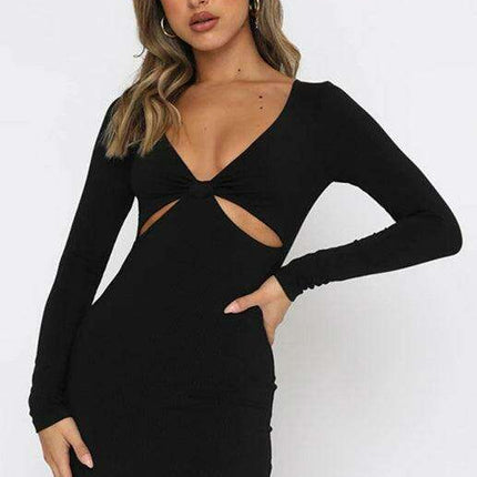 Chic Plunge Neck Long Sleeve Bodycon Dress with Cutout Accents - Très Elite
