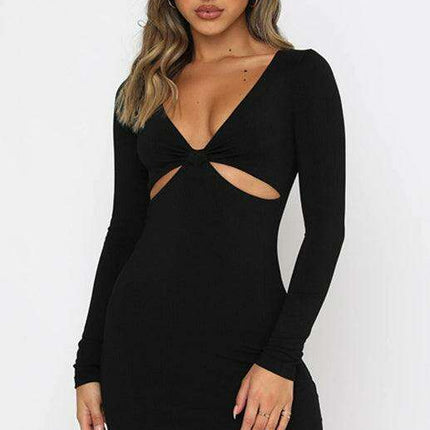 Chic Plunge Neck Long Sleeve Bodycon Dress with Cutout Accents - Très Elite