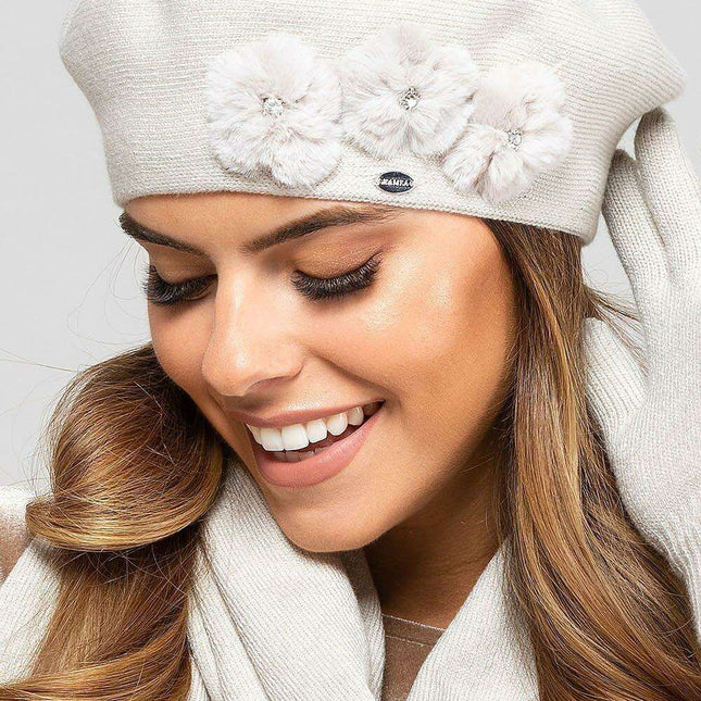 Chic Pom-Pom Winter Beret with Zircon Accents - Très Elite