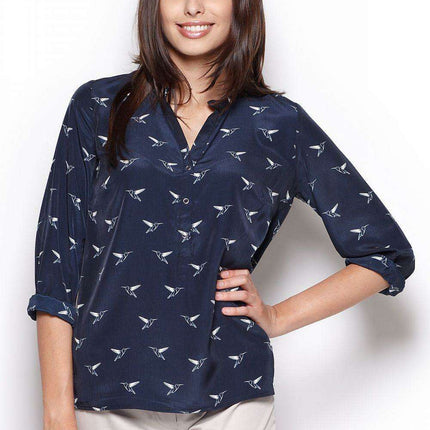 Chic Printed Button-Up Blouse with Elegant Stand-Up Collar - Design 44286