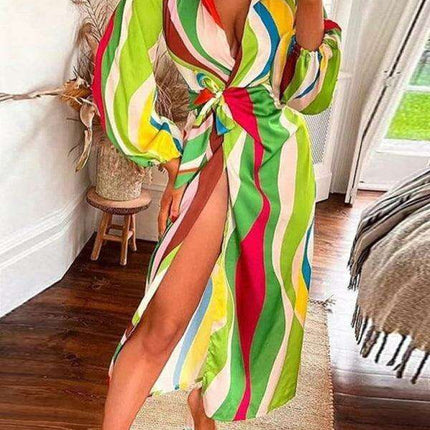 Chic Printed Lantern Sleeve Midi Dress with Tie Slit Detail