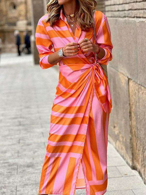 Chic Printed Lantern Sleeve Midi Dress with Tie Slit Detail