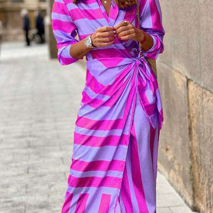 Chic Printed Lantern Sleeve Midi Dress with Tie Slit Detail