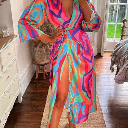Chic Printed Lantern Sleeve Midi Dress with Tie Slit Detail