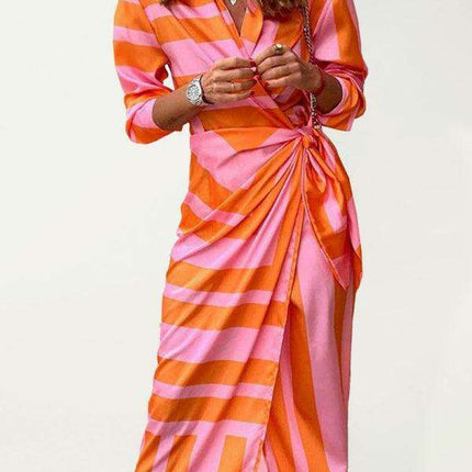 Chic Printed Lantern Sleeve Midi Dress with Tie Slit Detail