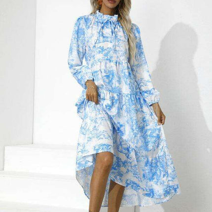 Chic Printed Loose Fit Dress with Cropped Sleeves and Round Neck