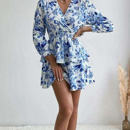 Chic Printed Pleated V-Neck Long Sleeve Dress - Très Elite