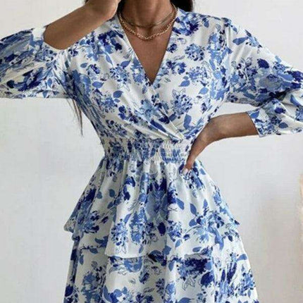 Chic Printed Pleated V-Neck Long Sleeve Dress - Très Elite