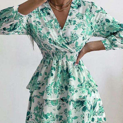 Chic Printed Pleated V-Neck Long Sleeve Dress