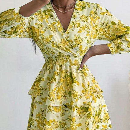 Chic Printed Pleated V-Neck Long Sleeve Dress