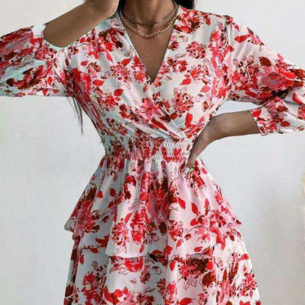 Chic Printed Pleated V-Neck Long Sleeve Dress
