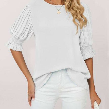 Chic Printed Puff Sleeve Blouse with Crew Neck Design in 100% Polyester- Très Elite- Très Elite