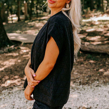 Chic Quilted Black Lounge Set with Wide Leg Pants and Short Sleeve Top