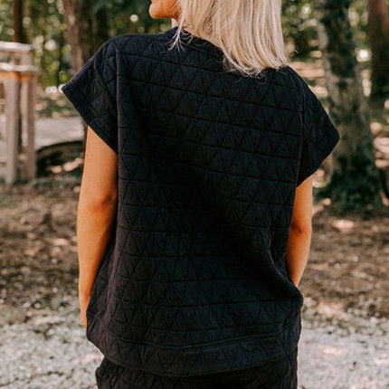 Chic Quilted Black Lounge Set with Wide Leg Pants and Short Sleeve Top
