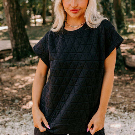 Chic Quilted Black Lounge Set with Wide Leg Pants and Short Sleeve Top