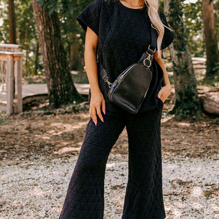 Chic Quilted Black Lounge Set with Wide Leg Pants and Short Sleeve Top