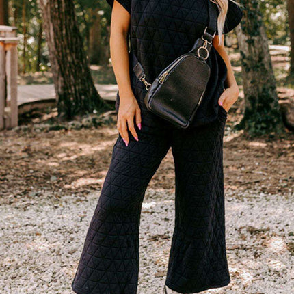 Chic Quilted Black Lounge Set with Wide Leg Pants and Short Sleeve Top