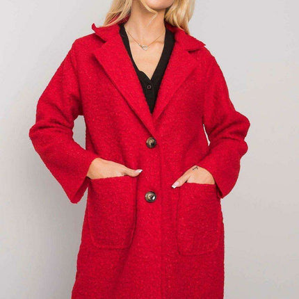 Chic Red Bouclé Coat with Stylish Button Details - Très Elite