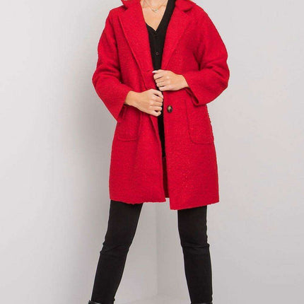 Chic Red Bouclé Coat with Stylish Button Details - Très Elite