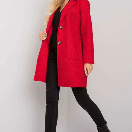 Chic Red Bouclé Coat with Stylish Button Details - Très Elite
