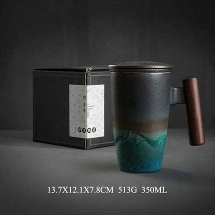 Chic Retro Ceramic Tea Mug with Wooden Lid and Handle - Perfect for Gifting at Home or Office - Très Elite