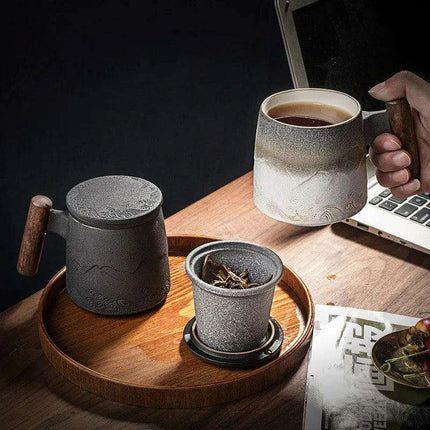Chic Retro Ceramic Tea Mug with Wooden Lid and Handle - Perfect for Gifting at Home or Office - Très Elite