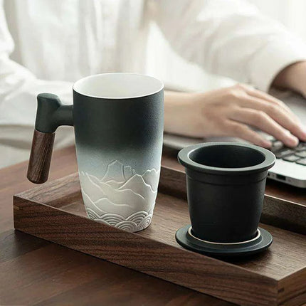 Chic Retro Ceramic Tea Mug with Wooden Lid and Handle - Perfect for Gifting at Home or Office - Très Elite