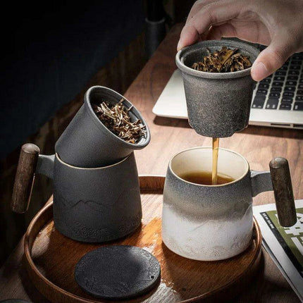 Chic Retro Ceramic Tea Mug with Wooden Lid and Handle - Perfect for Gifting at Home or Office - Très Elite
