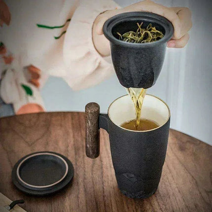 Chic Retro Ceramic Tea Mug with Wooden Lid and Handle - Perfect for Gifting at Home or Office - Très Elite