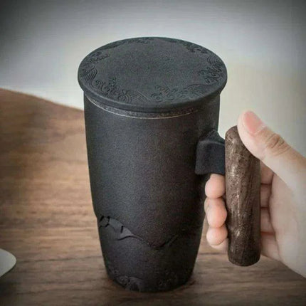 Chic Retro Ceramic Tea Mug with Wooden Lid and Handle - Perfect for Gifting at Home or Office - Très Elite