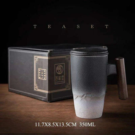 Chic Retro Ceramic Tea Mug with Wooden Lid and Handle - Perfect for Gifting at Home or Office - Très Elite