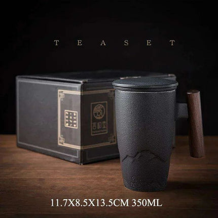 Chic Retro Ceramic Tea Mug with Wooden Lid and Handle - Perfect for Gifting at Home or Office - Très Elite