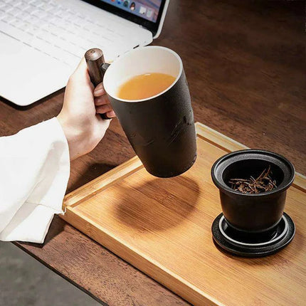 Chic Retro Ceramic Tea Mug with Wooden Lid and Handle - Perfect for Gifting at Home or Office - Très Elite