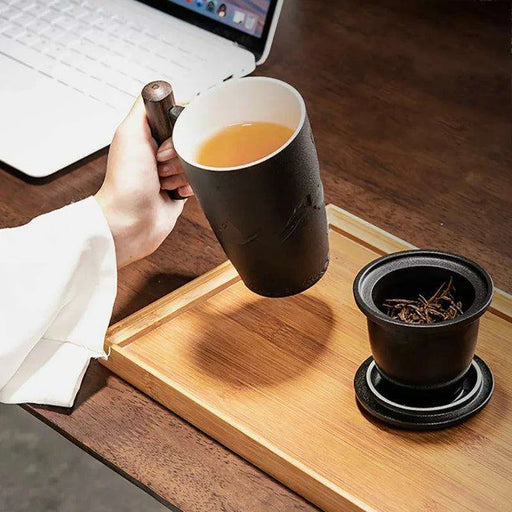 Chic Retro Ceramic Tea Mug with Wooden Lid and Handle - Perfect for Gifting at Home or Office - Très Elite