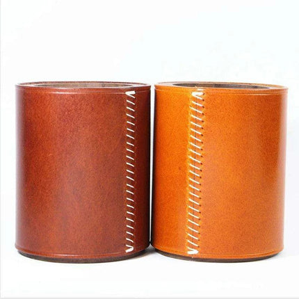 Chic Retro Leather and Walnut Writing Utensil Holder - Classic Elegance..