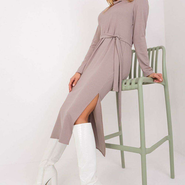 Chic Ribbed Midi Dress with Adjustable Waist Tie