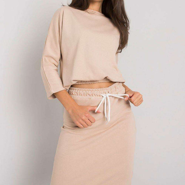 Chic Ribbed Top and Tailored Pencil Skirt Ensemble with Adjustable Waist Tie