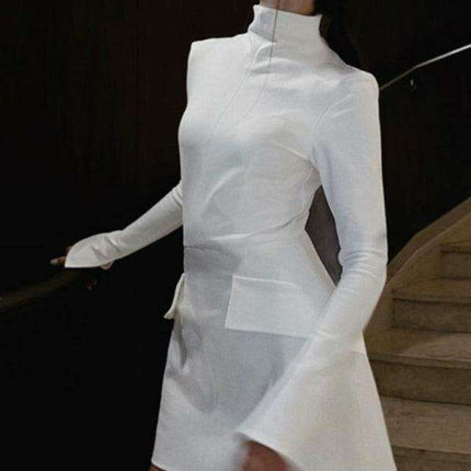 Chic Ribbed Turtleneck Bodycon Mini Dress with Open Sleeves - Très Elite