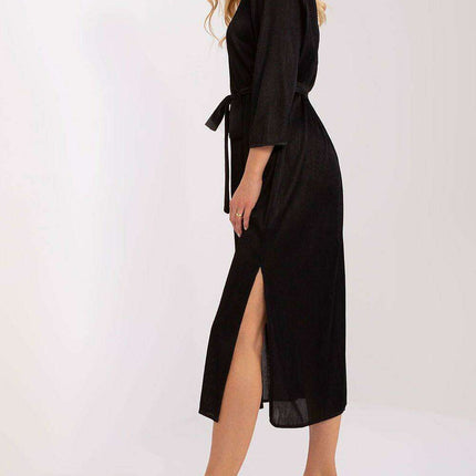 Chic Ribbed V-Neck Midi Dress with Adjustable Waist Detail - Très Elite
