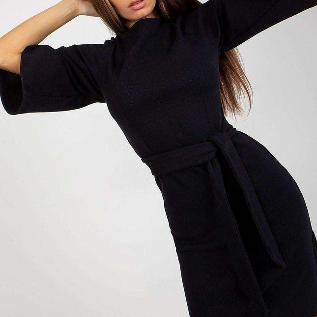 Chic Ribbed Waist-Defined Pencil Dress with 3/4 Sleeves
