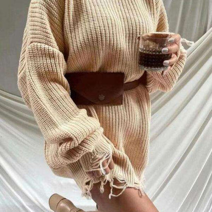 Chic Ripped Knit Sweater Dress with Cozy Comfort - Très Elite