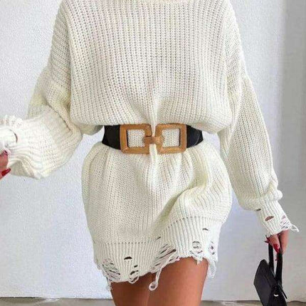Chic Ripped Knit Sweater Dress with Cozy Comfort - Très Elite