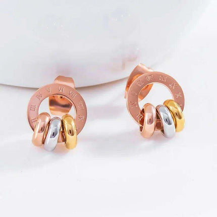 Chic Rose Gold Stainless Steel Stud Earrings with Roman Numeral Design - A Timeless Gift for Her - Très Elite