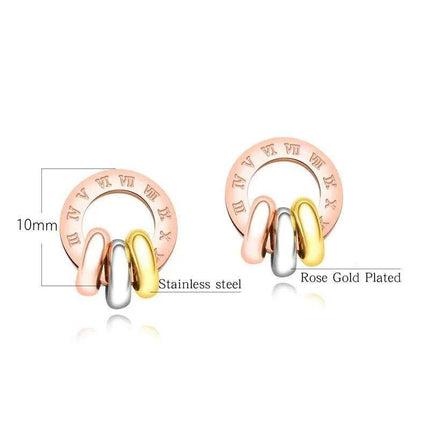 Chic Rose Gold Stainless Steel Stud Earrings with Roman Numeral Design - A Timeless Gift for Her - Très Elite