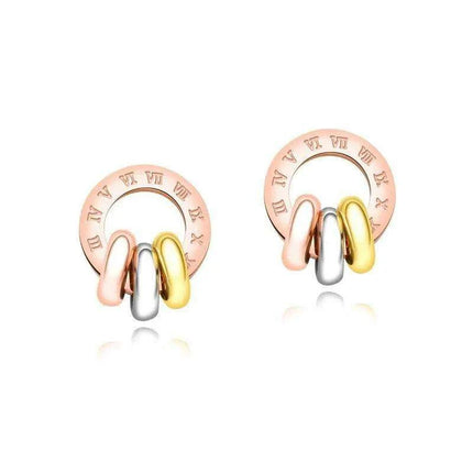 Chic Rose Gold Stainless Steel Stud Earrings with Roman Numeral Design - A Timeless Gift for Her - Très Elite
