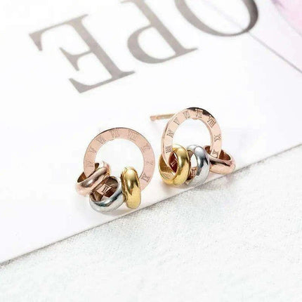 Chic Rose Gold Stainless Steel Stud Earrings with Roman Numeral Design - A Timeless Gift for Her - Très Elite