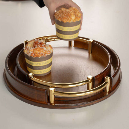 Chic Round Bamboo and Wood Serving Tray with Sturdy Metal Handle - Space-Saving Stackable Ottoman for Home Style..